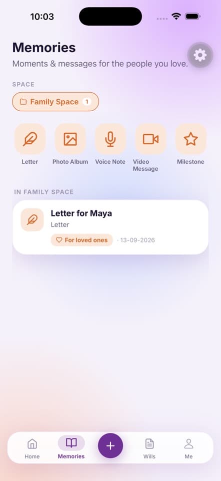 One Inheritance Memories screen with letter, photo album, voice note, video message and milestone options, plus a sample letter.