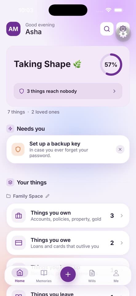 One Inheritance overview showing a preparation indicator, three unassigned items, a backup-key reminder, and categories for things owned and owed.